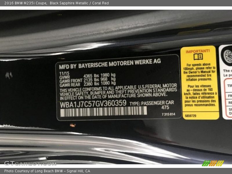 Black Sapphire Metallic / Coral Red 2016 BMW M235i Coupe