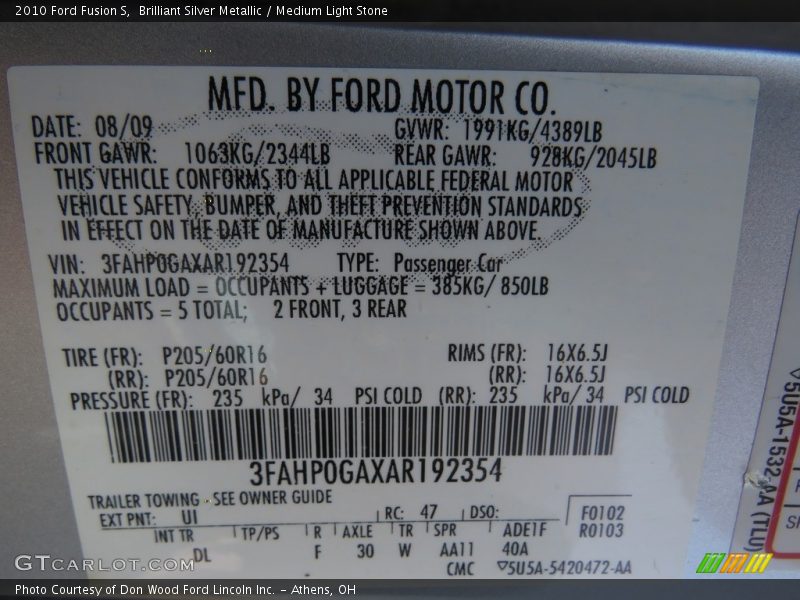 Brilliant Silver Metallic / Medium Light Stone 2010 Ford Fusion S