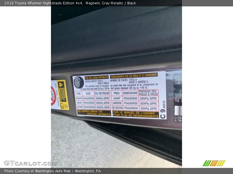 Info Tag of 2019 4Runner Nightshade Edition 4x4