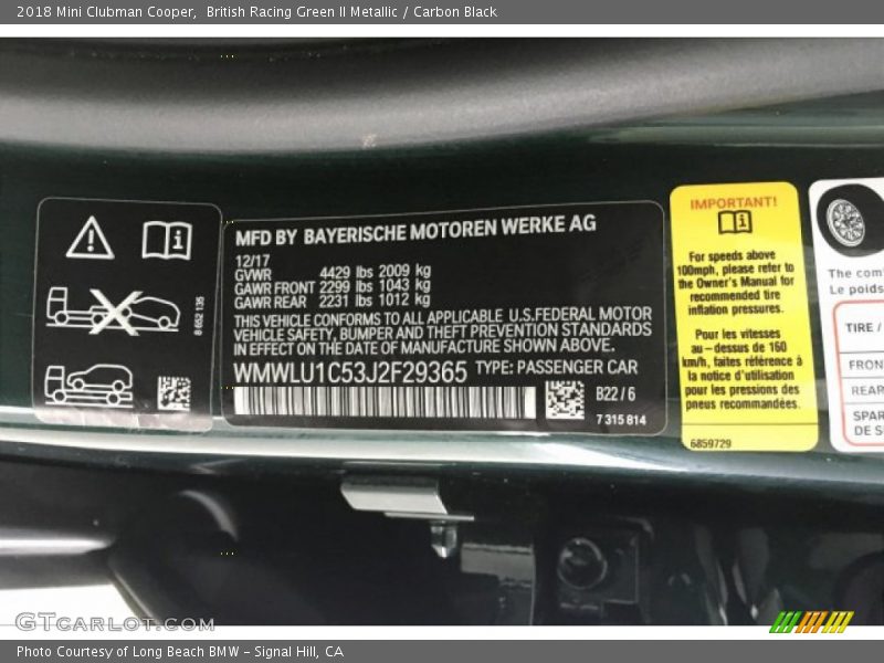2018 Clubman Cooper British Racing Green II Metallic Color Code B22