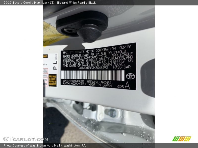 2019 Corolla Hatchback SE Blizzard White Pearl Color Code 070
