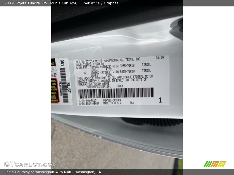 2019 Tundra SR5 Double Cab 4x4 Super White Color Code 040