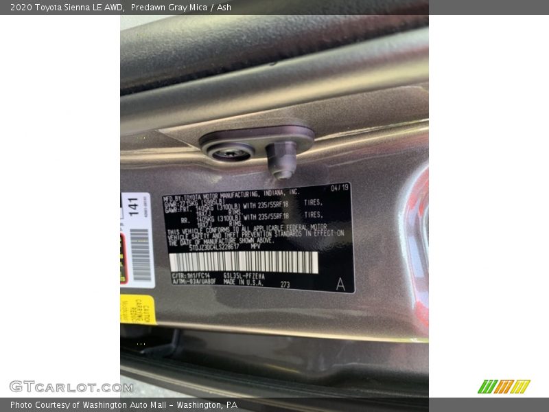 2020 Sienna LE AWD Predawn Gray Mica Color Code 1H1