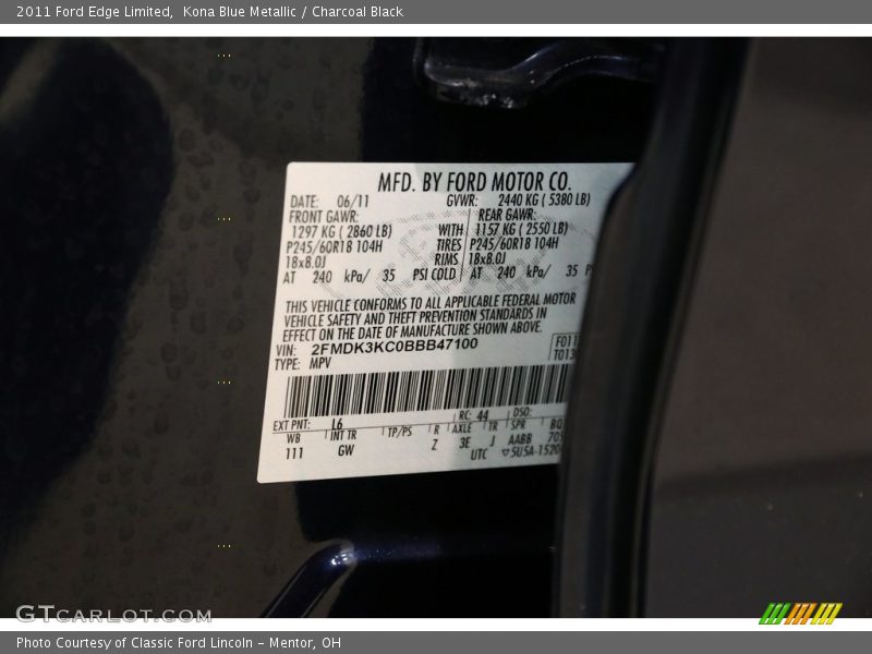 Kona Blue Metallic / Charcoal Black 2011 Ford Edge Limited