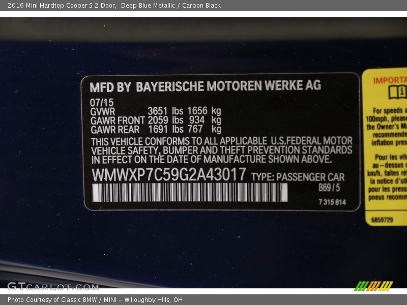 Deep Blue Metallic / Carbon Black 2016 Mini Hardtop Cooper S 2 Door