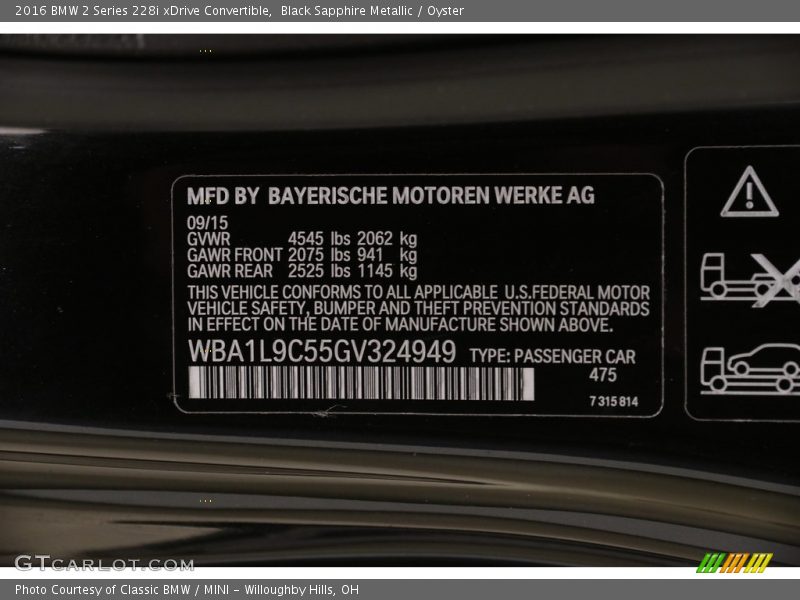 Black Sapphire Metallic / Oyster 2016 BMW 2 Series 228i xDrive Convertible