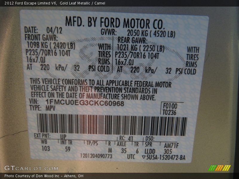 Gold Leaf Metallic / Camel 2012 Ford Escape Limited V6