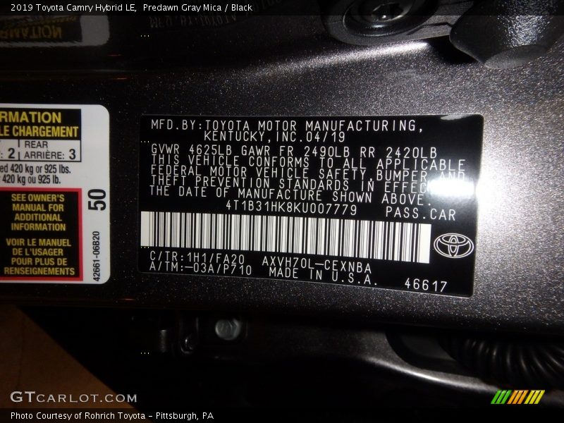 Predawn Gray Mica / Black 2019 Toyota Camry Hybrid LE