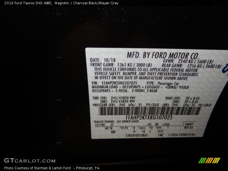 2019 Taurus SHO AWD Magnetic Color Code J7