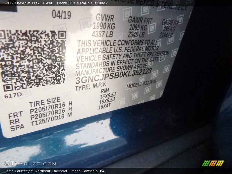 Pacific Blue Metallic / Jet Black 2019 Chevrolet Trax LT AWD