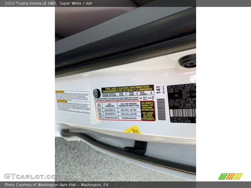 Super White / Ash 2020 Toyota Sienna LE AWD