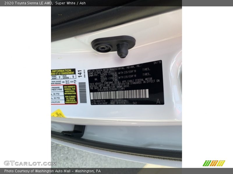 Super White / Ash 2020 Toyota Sienna LE AWD