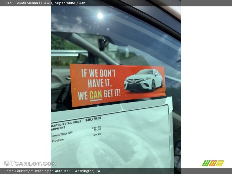 Super White / Ash 2020 Toyota Sienna LE AWD