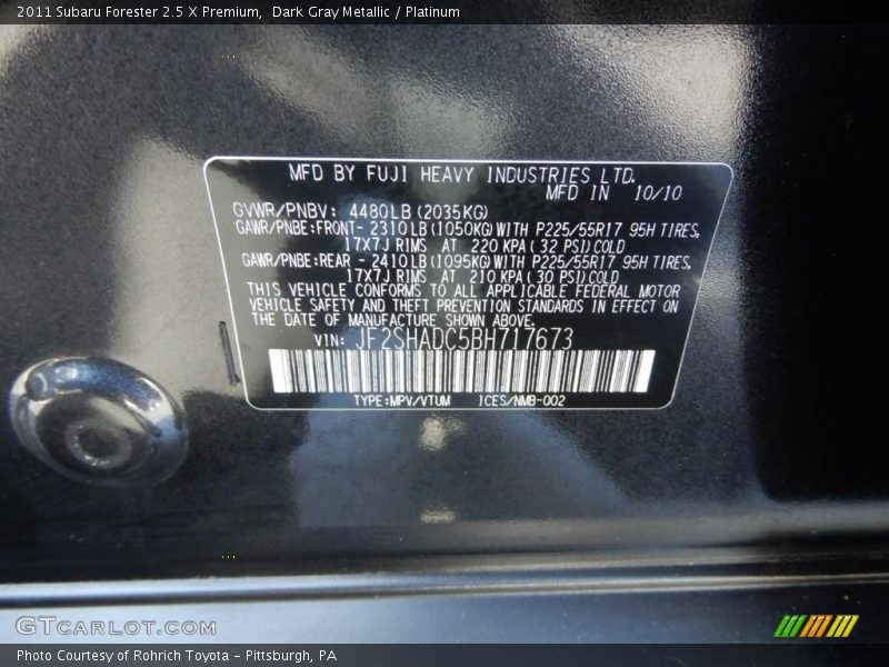 Dark Gray Metallic / Platinum 2011 Subaru Forester 2.5 X Premium