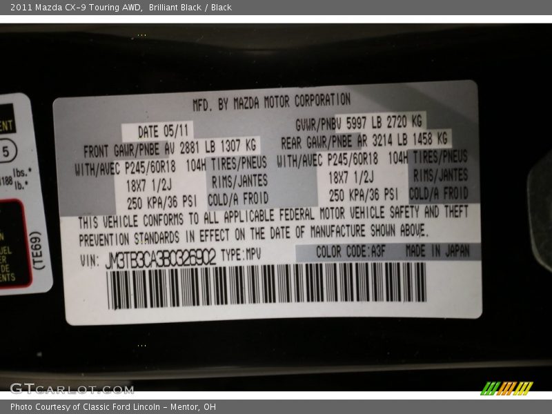 Brilliant Black / Black 2011 Mazda CX-9 Touring AWD