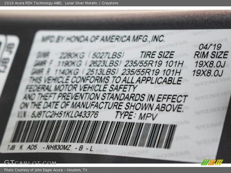 Lunar Silver Metallic / Graystone 2019 Acura RDX Technology AWD