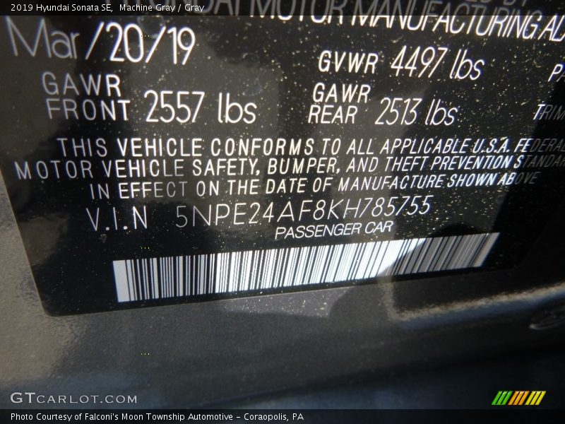Machine Gray / Gray 2019 Hyundai Sonata SE