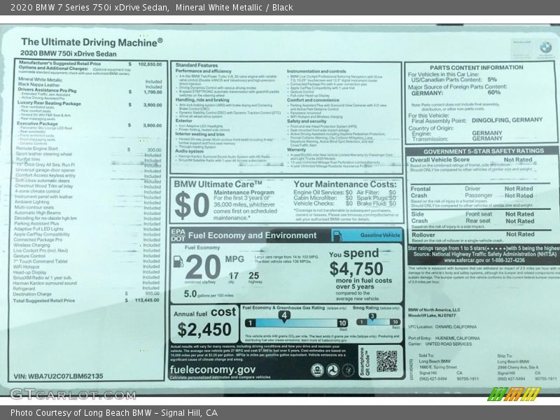  2020 7 Series 750i xDrive Sedan Window Sticker