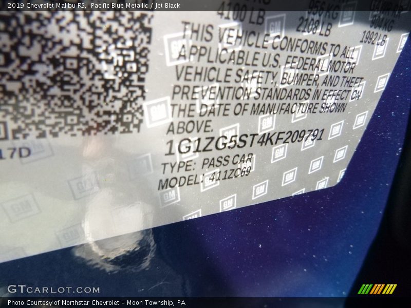 Pacific Blue Metallic / Jet Black 2019 Chevrolet Malibu RS