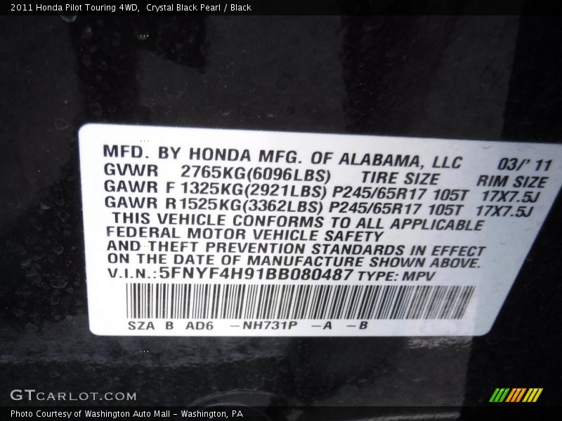 Crystal Black Pearl / Black 2011 Honda Pilot Touring 4WD