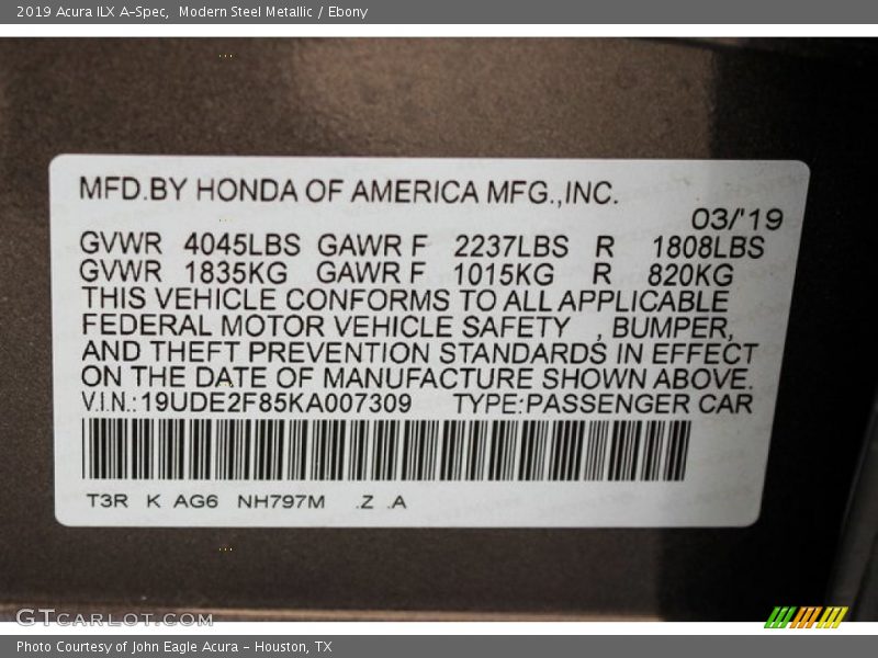 2019 ILX A-Spec Modern Steel Metallic Color Code NH797M