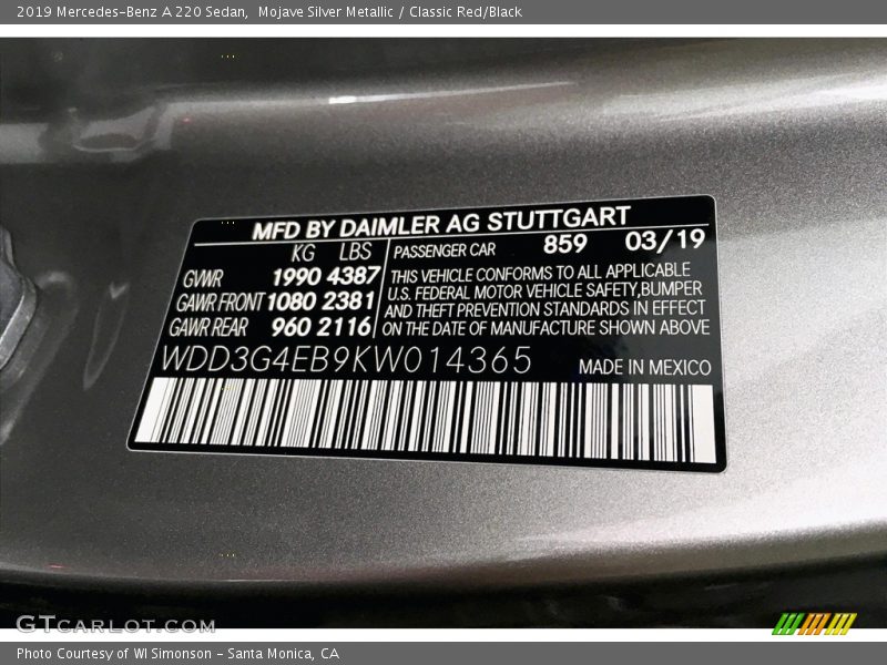 Mojave Silver Metallic / Classic Red/Black 2019 Mercedes-Benz A 220 Sedan