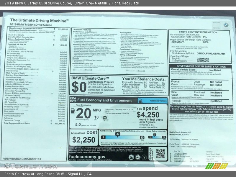  2019 8 Series 850i xDrive Coupe Window Sticker