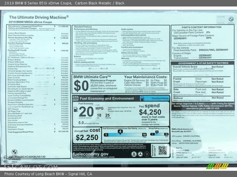  2019 8 Series 850i xDrive Coupe Window Sticker