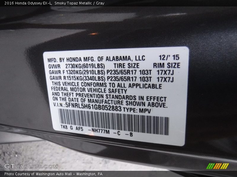 Smoky Topaz Metallic / Gray 2016 Honda Odyssey EX-L