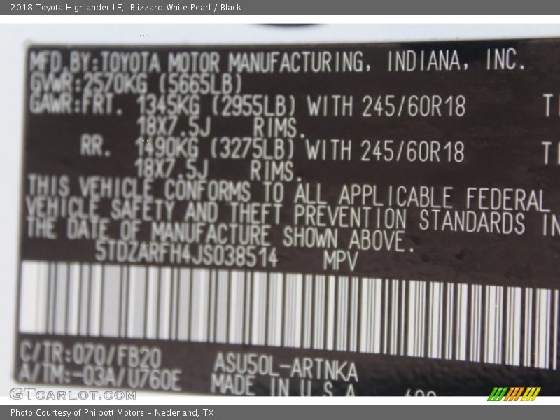 Blizzard White Pearl / Black 2018 Toyota Highlander LE