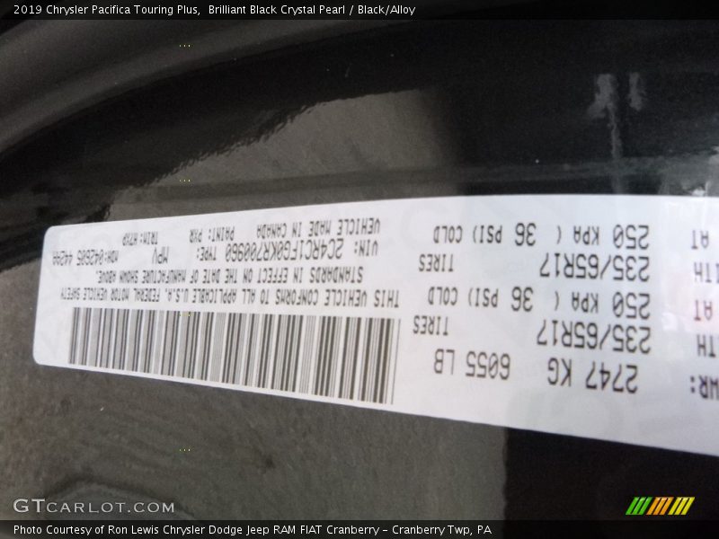 Brilliant Black Crystal Pearl / Black/Alloy 2019 Chrysler Pacifica Touring Plus