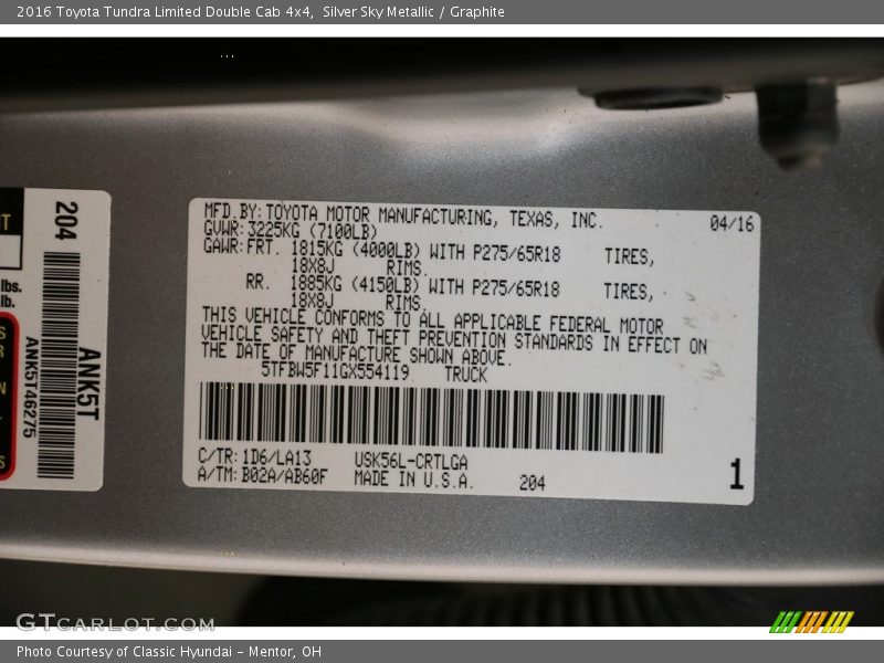 Silver Sky Metallic / Graphite 2016 Toyota Tundra Limited Double Cab 4x4
