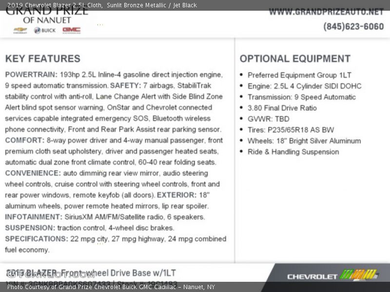 Sunlit Bronze Metallic / Jet Black 2019 Chevrolet Blazer 2.5L Cloth