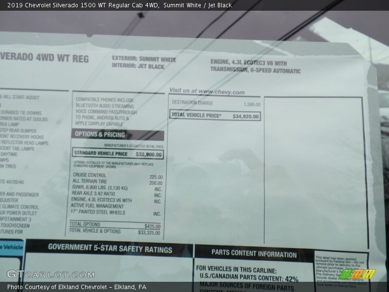  2019 Silverado 1500 WT Regular Cab 4WD Window Sticker