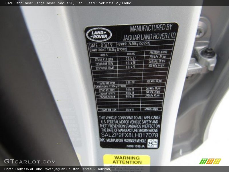 Seoul Pearl Silver Metallic / Cloud 2020 Land Rover Range Rover Evoque SE
