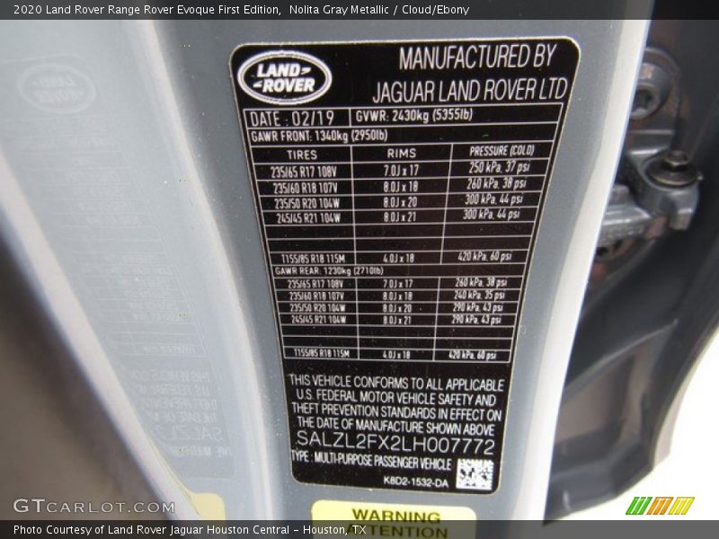 Nolita Gray Metallic / Cloud/Ebony 2020 Land Rover Range Rover Evoque First Edition