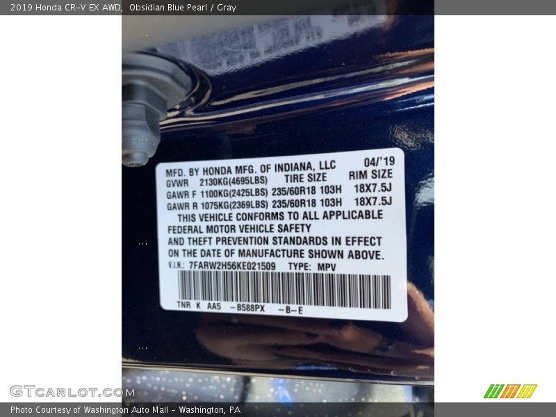 Obsidian Blue Pearl / Gray 2019 Honda CR-V EX AWD