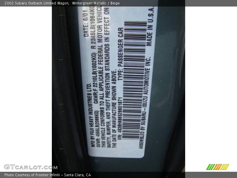 Wintergreen Metallic / Beige 2002 Subaru Outback Limited Wagon