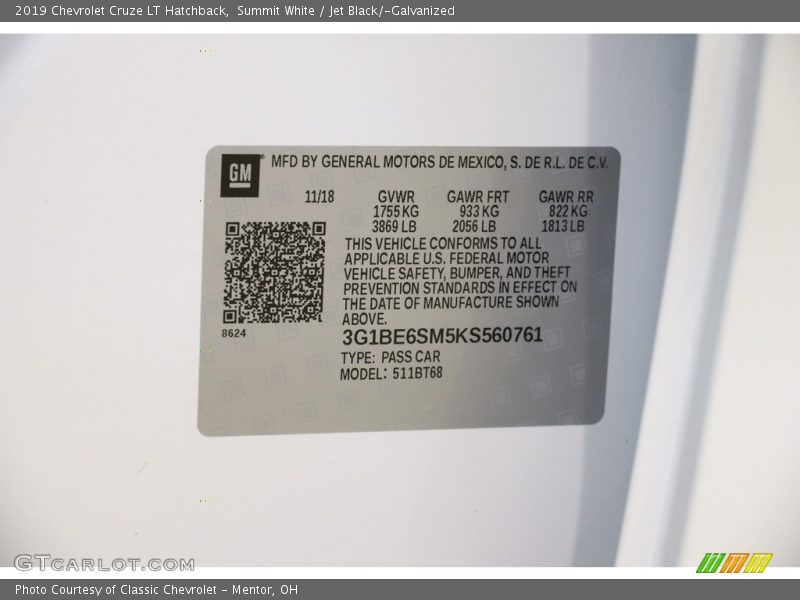 Summit White / Jet Black/­Galvanized 2019 Chevrolet Cruze LT Hatchback
