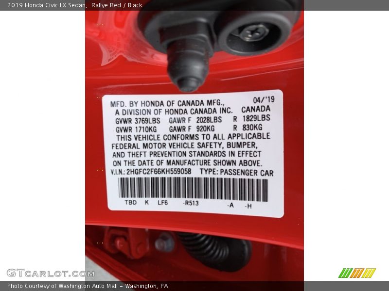 Rallye Red / Black 2019 Honda Civic LX Sedan