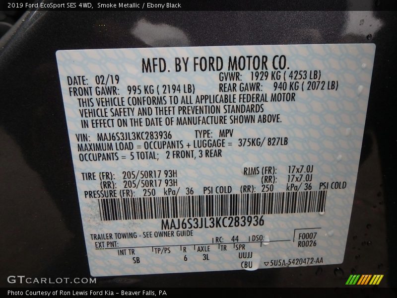 Smoke Metallic / Ebony Black 2019 Ford EcoSport SES 4WD