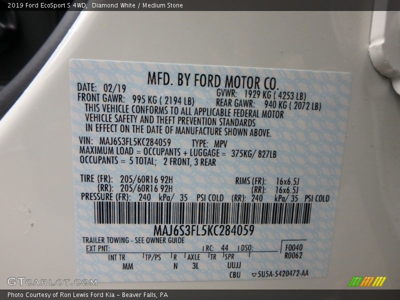 Diamond White / Medium Stone 2019 Ford EcoSport S 4WD