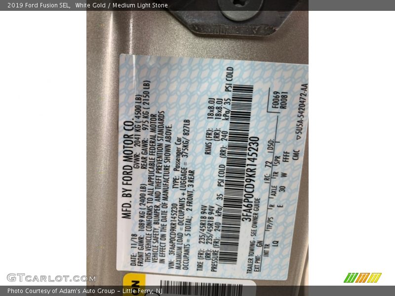 2019 Fusion SEL White Gold Color Code GN