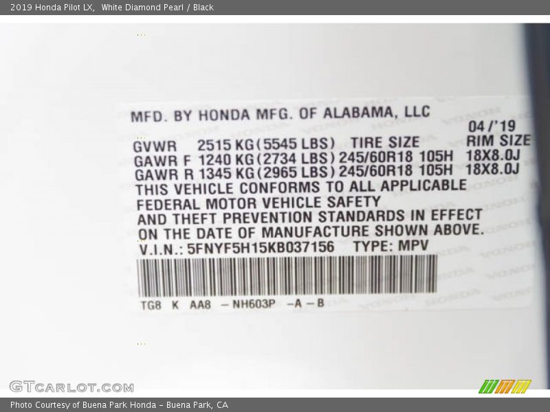 White Diamond Pearl / Black 2019 Honda Pilot LX