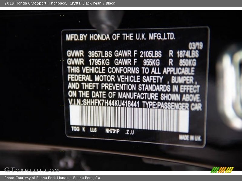 Crystal Black Pearl / Black 2019 Honda Civic Sport Hatchback