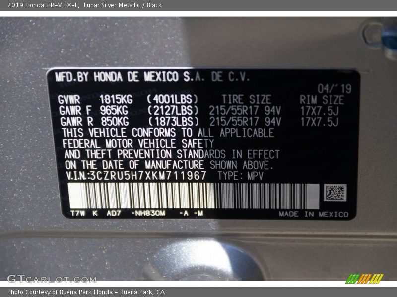 Lunar Silver Metallic / Black 2019 Honda HR-V EX-L