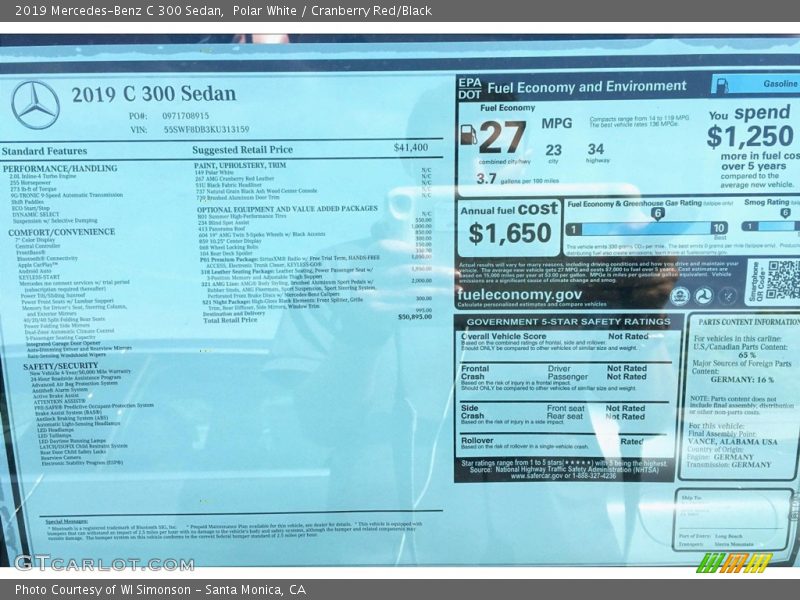 Polar White / Cranberry Red/Black 2019 Mercedes-Benz C 300 Sedan