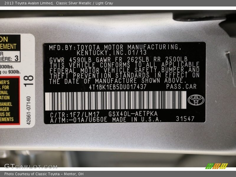 Classic Silver Metallic / Light Gray 2013 Toyota Avalon Limited