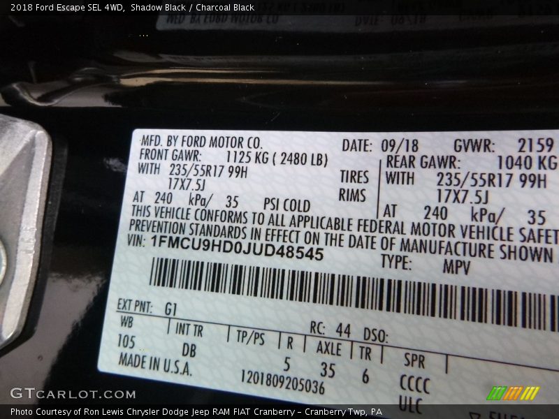 Shadow Black / Charcoal Black 2018 Ford Escape SEL 4WD