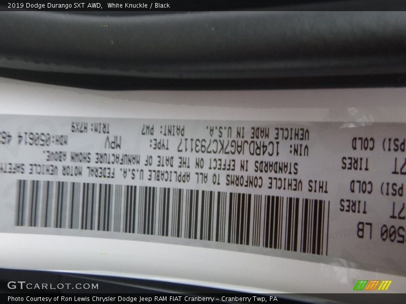 White Knuckle / Black 2019 Dodge Durango SXT AWD